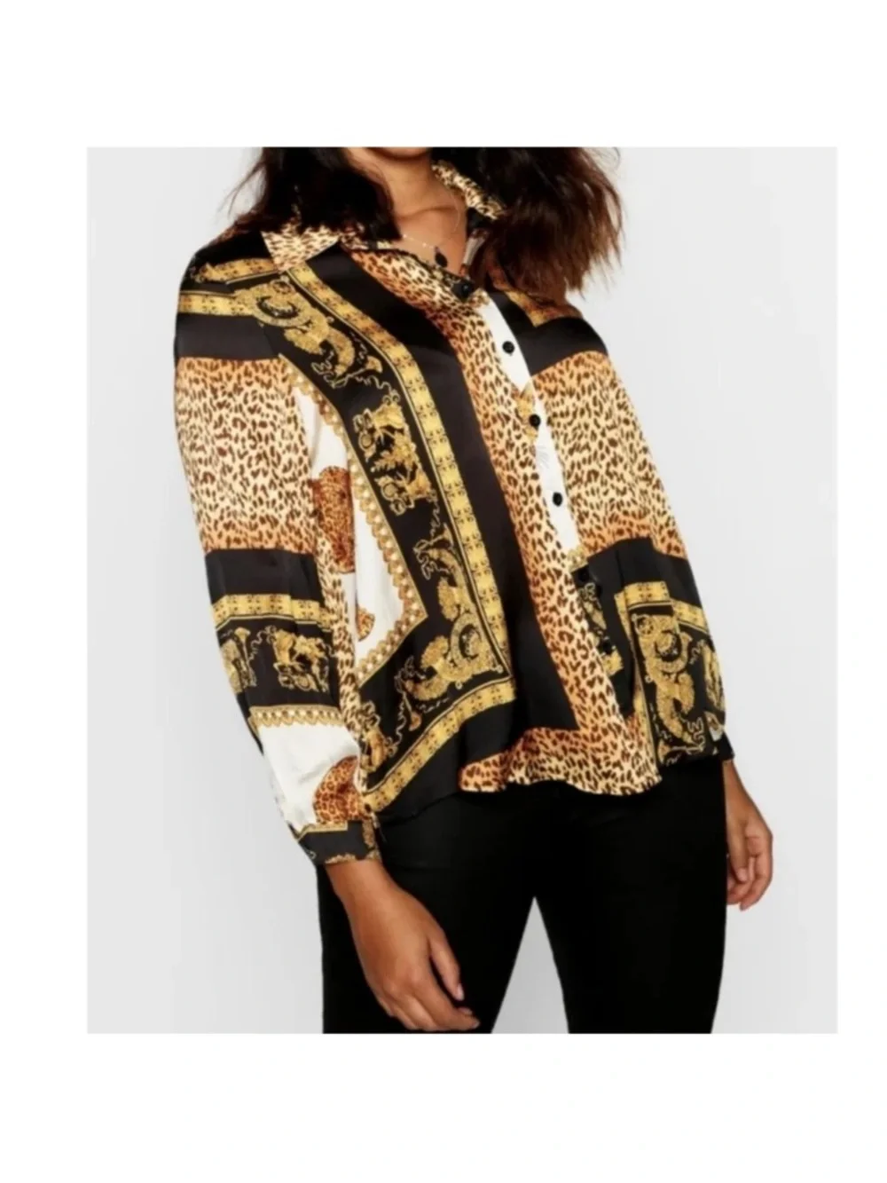 Women’s Oversized Leopard Print Button-Up Top - Picture 3 of 5